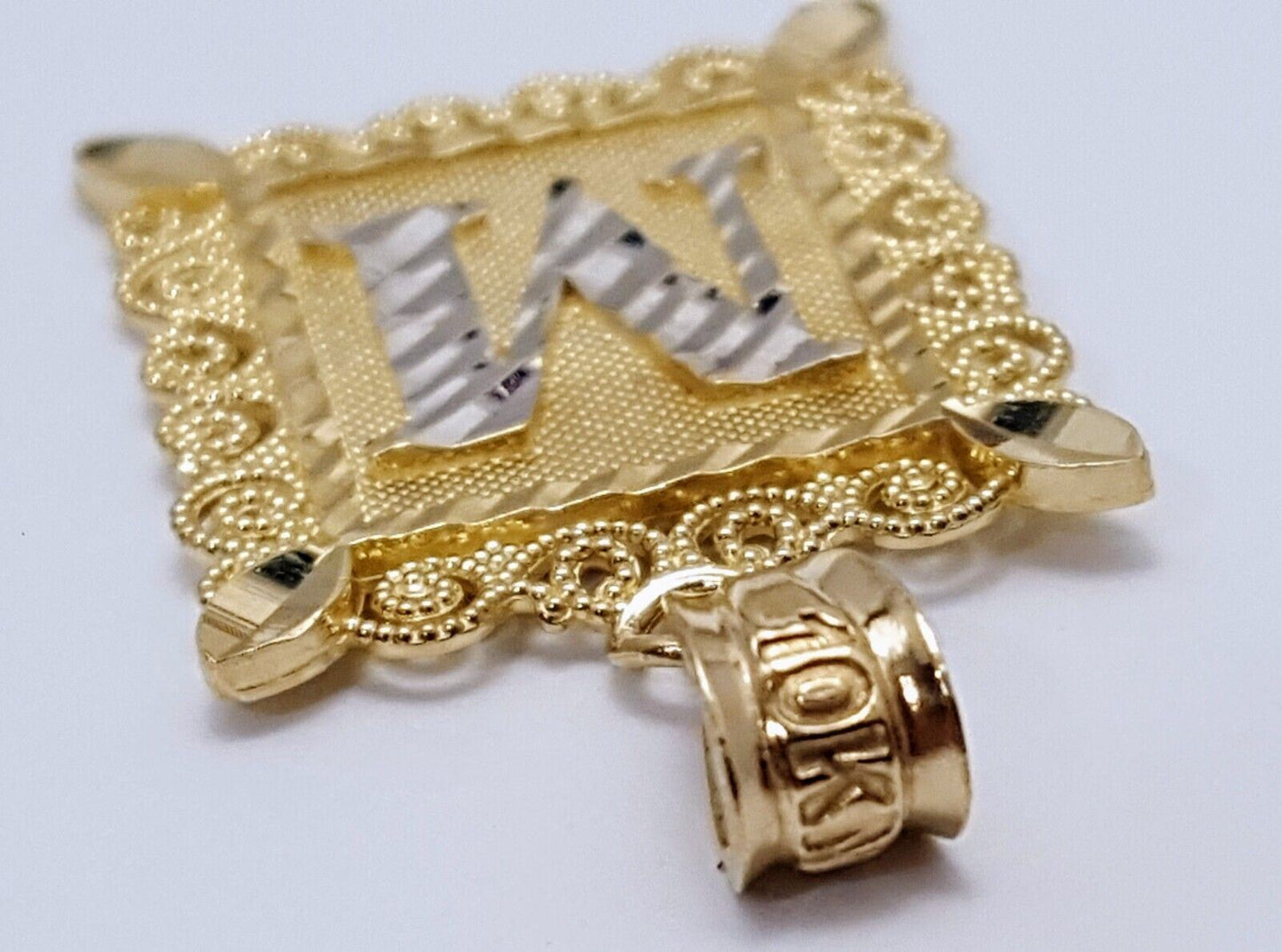 10K Solid Two Tone Gold Square Initial Letter "M" Charm Pendant