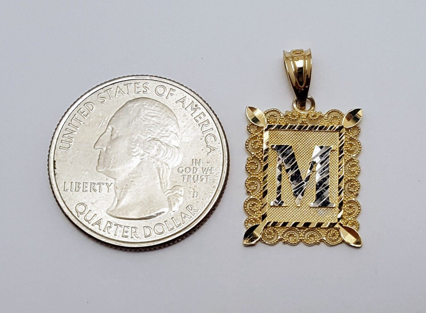 10K Solid Two Tone Gold Square Initial Letter "M" Charm Pendant