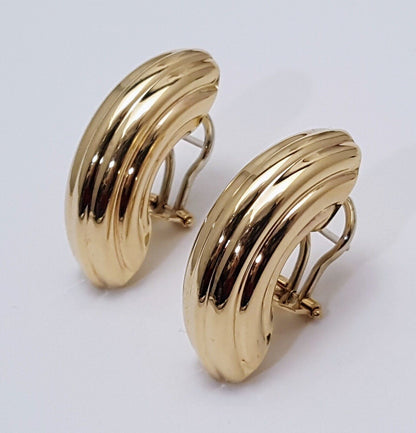 14K Yellow Gold Designer Half Crescent Hoop French Clip Earrings