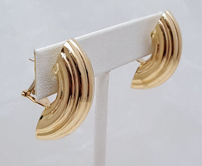 14K Yellow Gold Designer Half Crescent Hoop French Clip Earrings