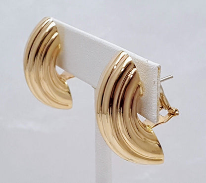 14K Yellow Gold Designer Half Crescent Hoop French Clip Earrings