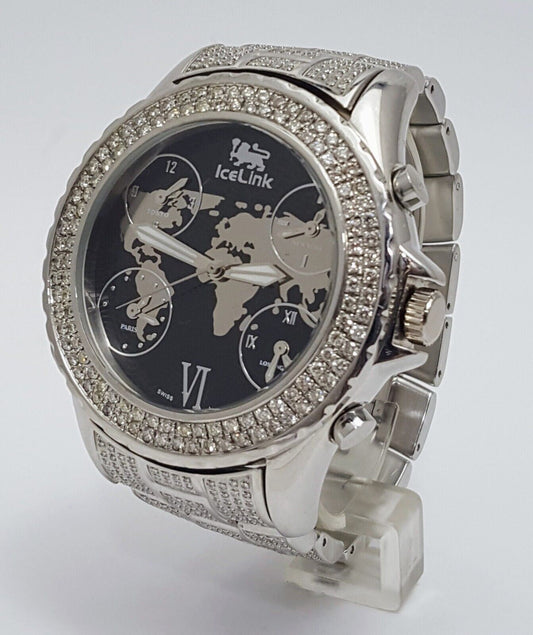 IceLink Marco Polo No. 1409 Black and Steel Watch with Diamond Bezel and Strap 50mm