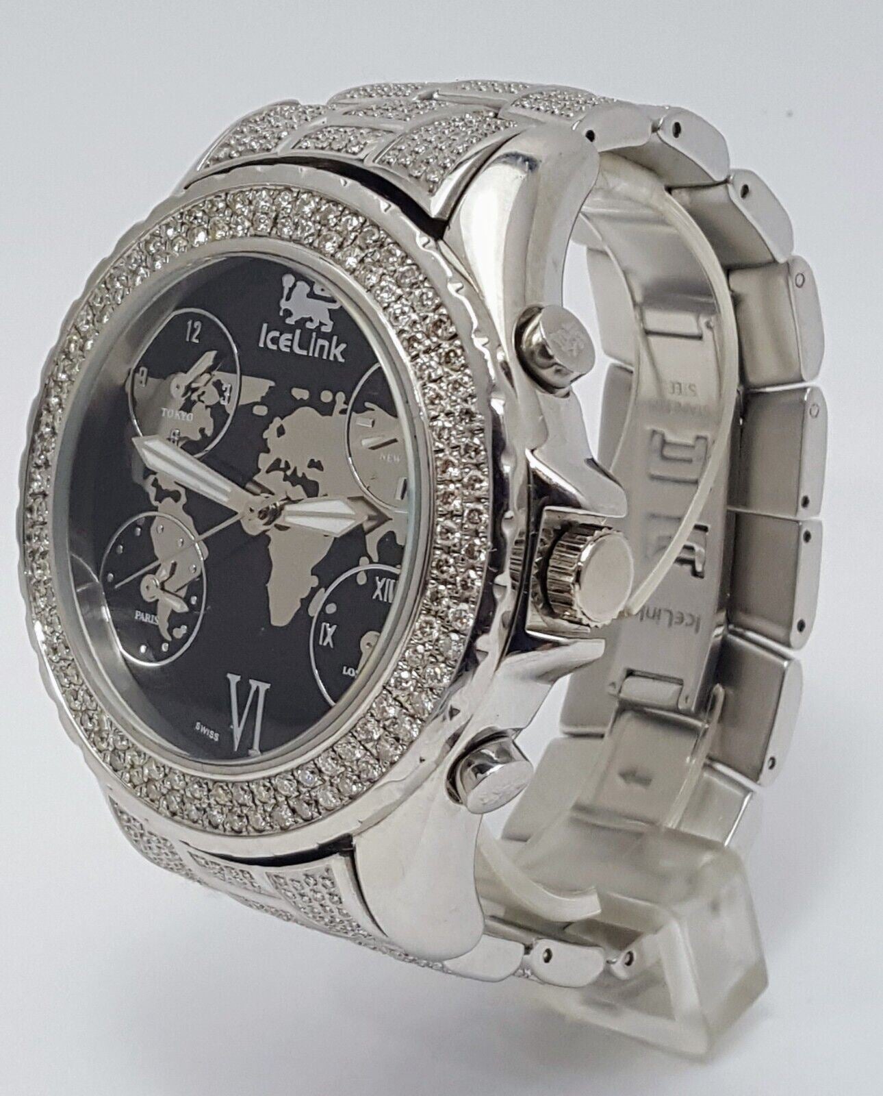 IceLink Marco Polo No. 1409 Black and Steel Watch with Diamond Bezel and Strap 50mm