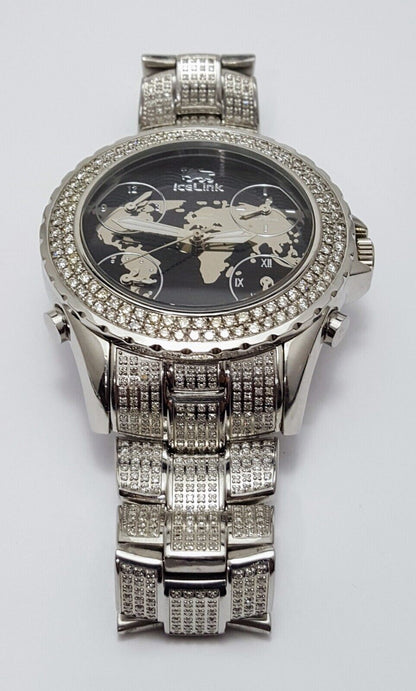 IceLink Marco Polo No. 1409 Black and Steel Watch with Diamond Bezel and Strap 50mm