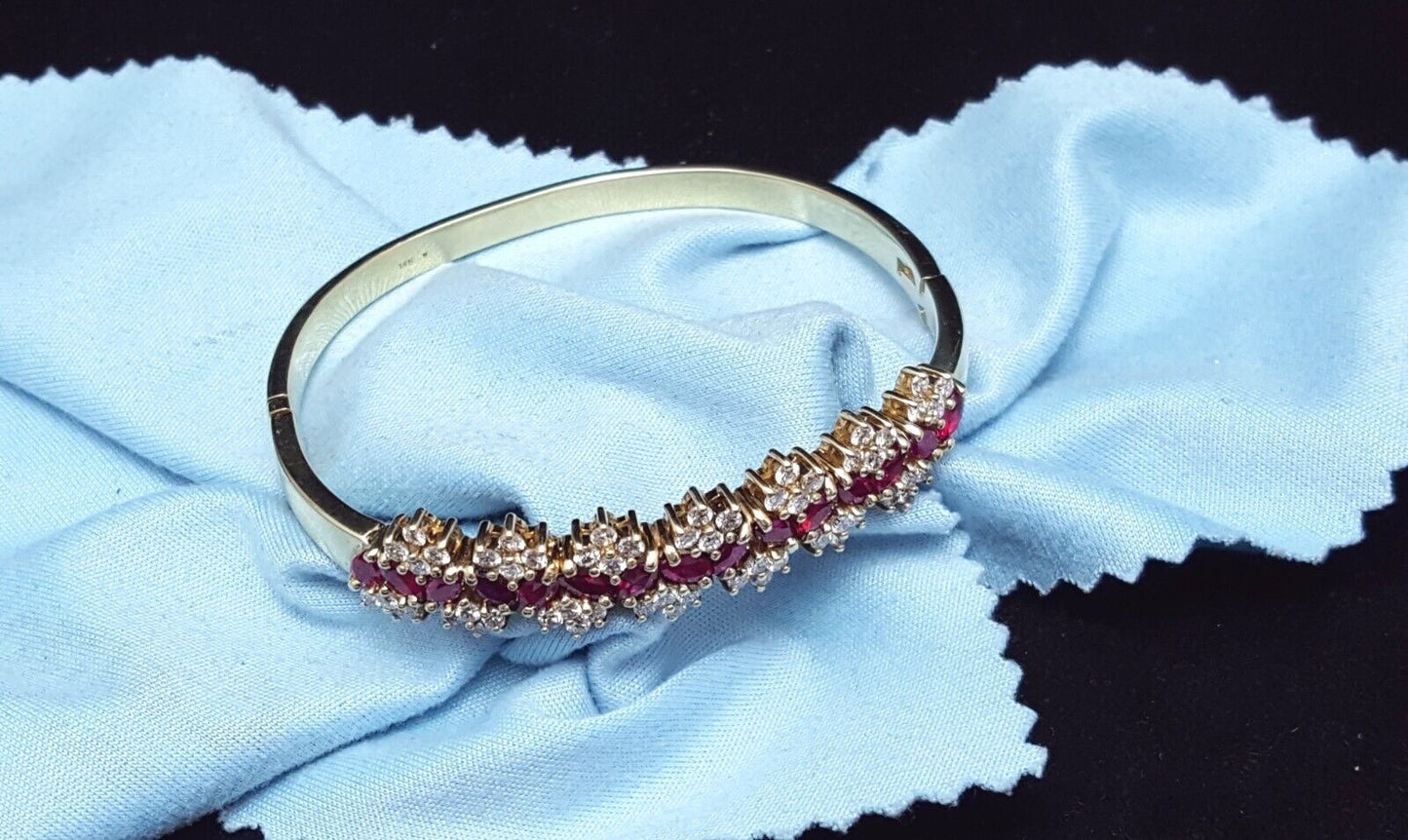 Beautiful 14K Karat Solid Yellow Gold Designer Ruby & Diamond Bangle Bracelet