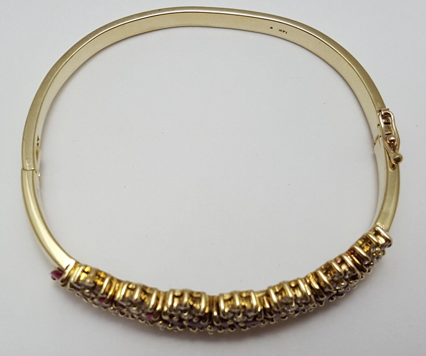 Beautiful 14K Karat Solid Yellow Gold Designer Ruby & Diamond Bangle Bracelet