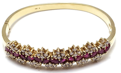 Beautiful 14K Karat Solid Yellow Gold Designer Ruby & Diamond Bangle Bracelet