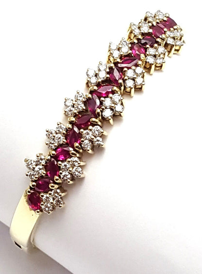 Beautiful 14K Karat Solid Yellow Gold Designer Ruby & Diamond Bangle Bracelet