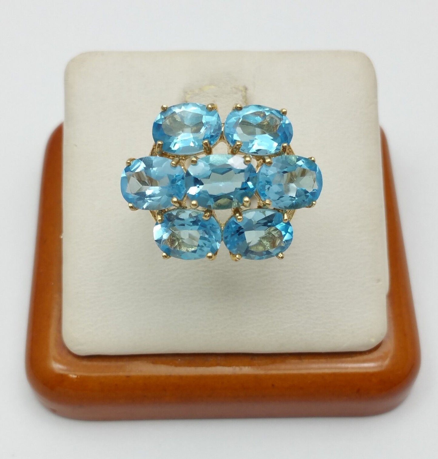 10K Solid Yellow Gold Designer Ladies Cluster Blue Topaz Ring