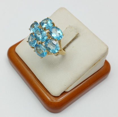 10K Solid Yellow Gold Designer Ladies Cluster Blue Topaz Ring