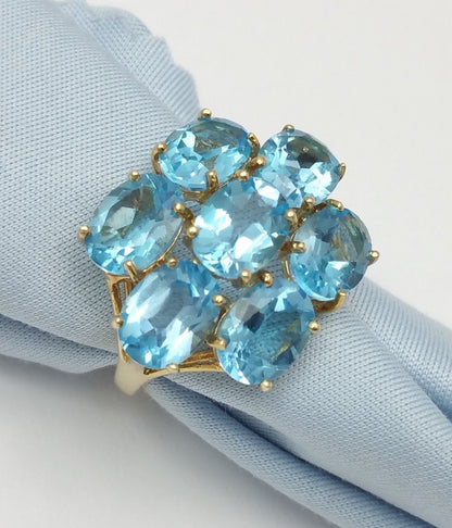 10K Solid Yellow Gold Designer Ladies Cluster Blue Topaz Ring