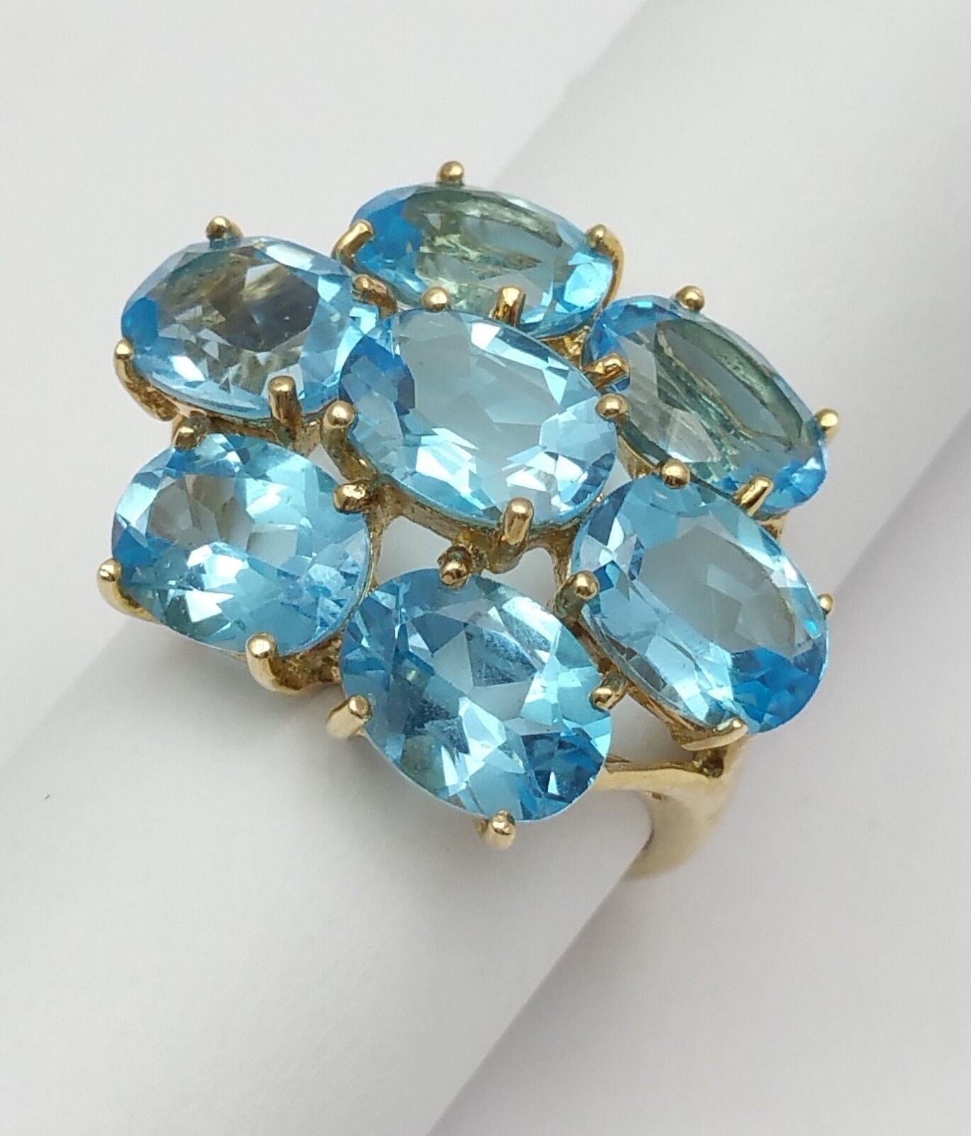 10K Solid Yellow Gold Designer Ladies Cluster Blue Topaz Ring