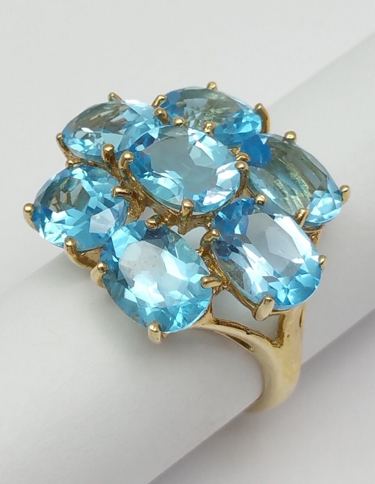 10K Solid Yellow Gold Designer Ladies Cluster Blue Topaz Ring