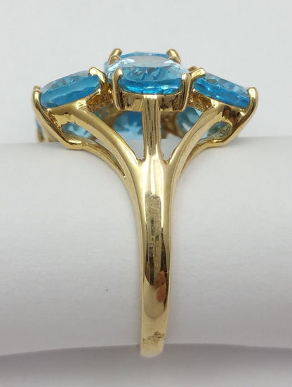 10K Solid Yellow Gold Designer Ladies Cluster Blue Topaz Ring