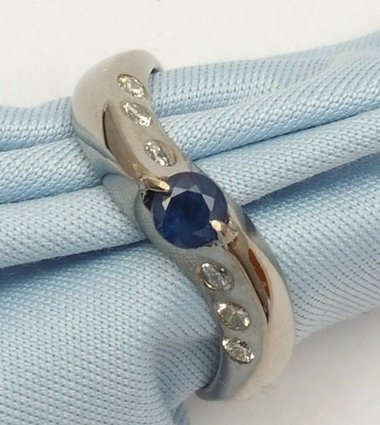 14K White Gold Designer Ladies Ring W/ Sapphire & Diamonds