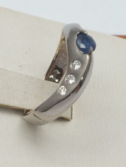 14K White Gold Designer Ladies Ring W/ Sapphire & Diamonds