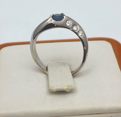 14K White Gold Designer Ladies Ring W/ Sapphire & Diamonds