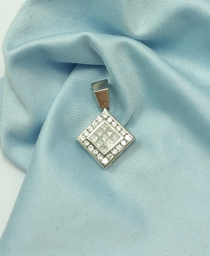 14K Solid White Gold Square Diamond Charm Pendant