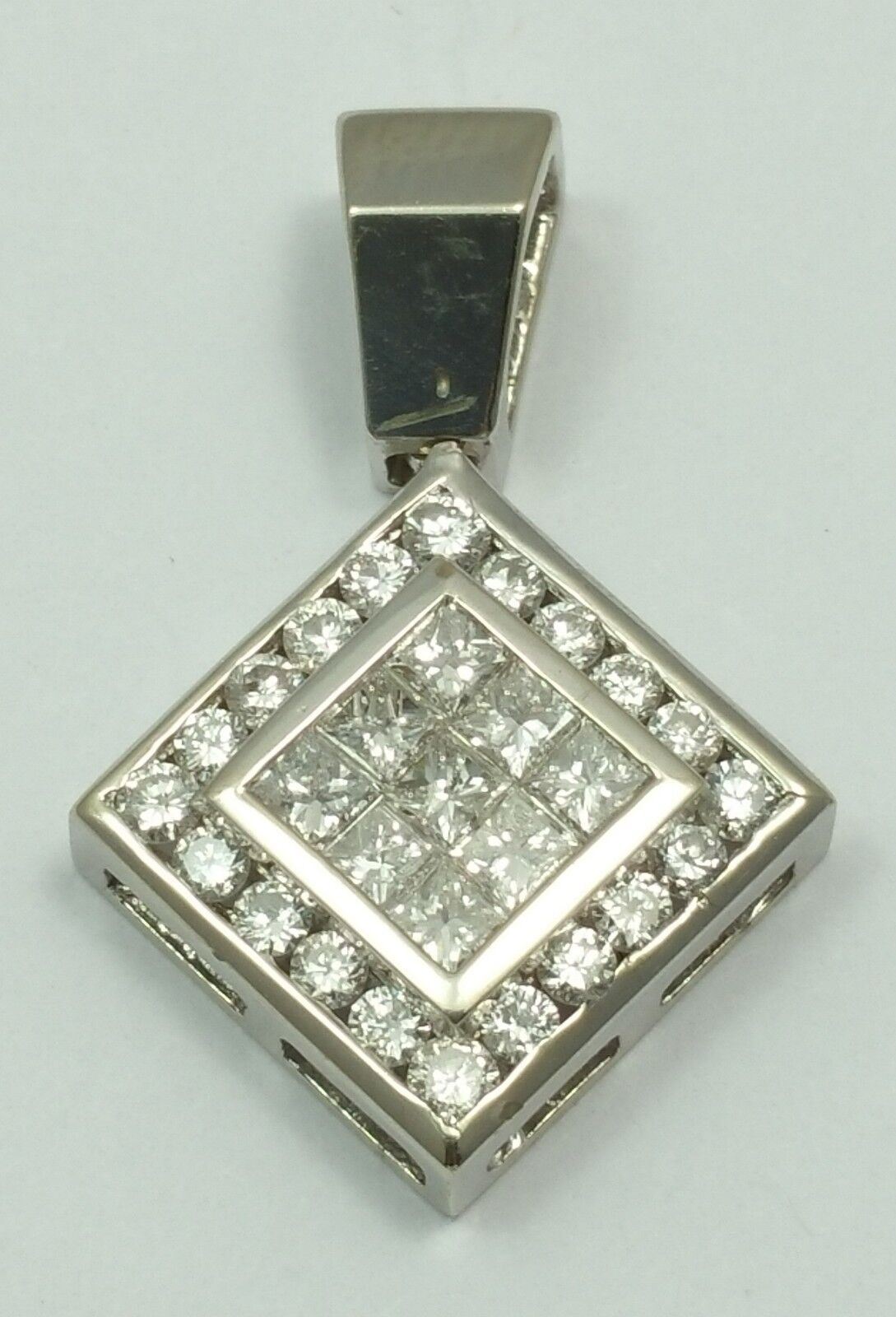 14K Solid White Gold Square Diamond Charm Pendant