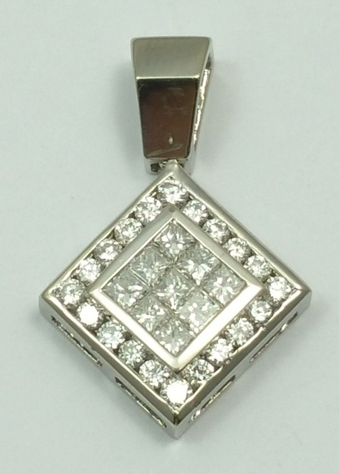 14K Solid White Gold Square Diamond Charm Pendant