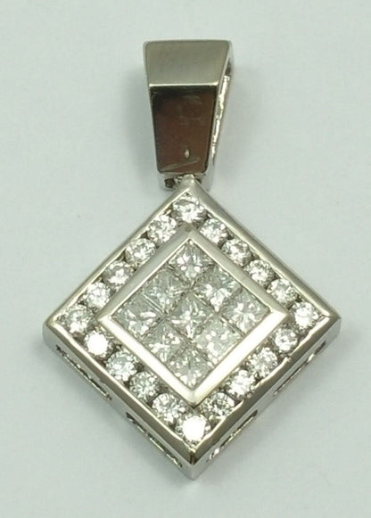 14K Solid White Gold Square Diamond Charm Pendant