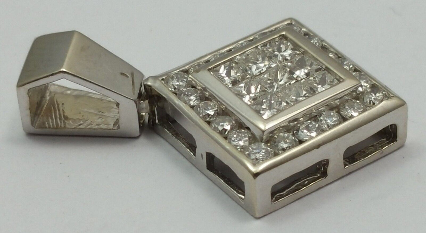 14K Solid White Gold Square Diamond Charm Pendant