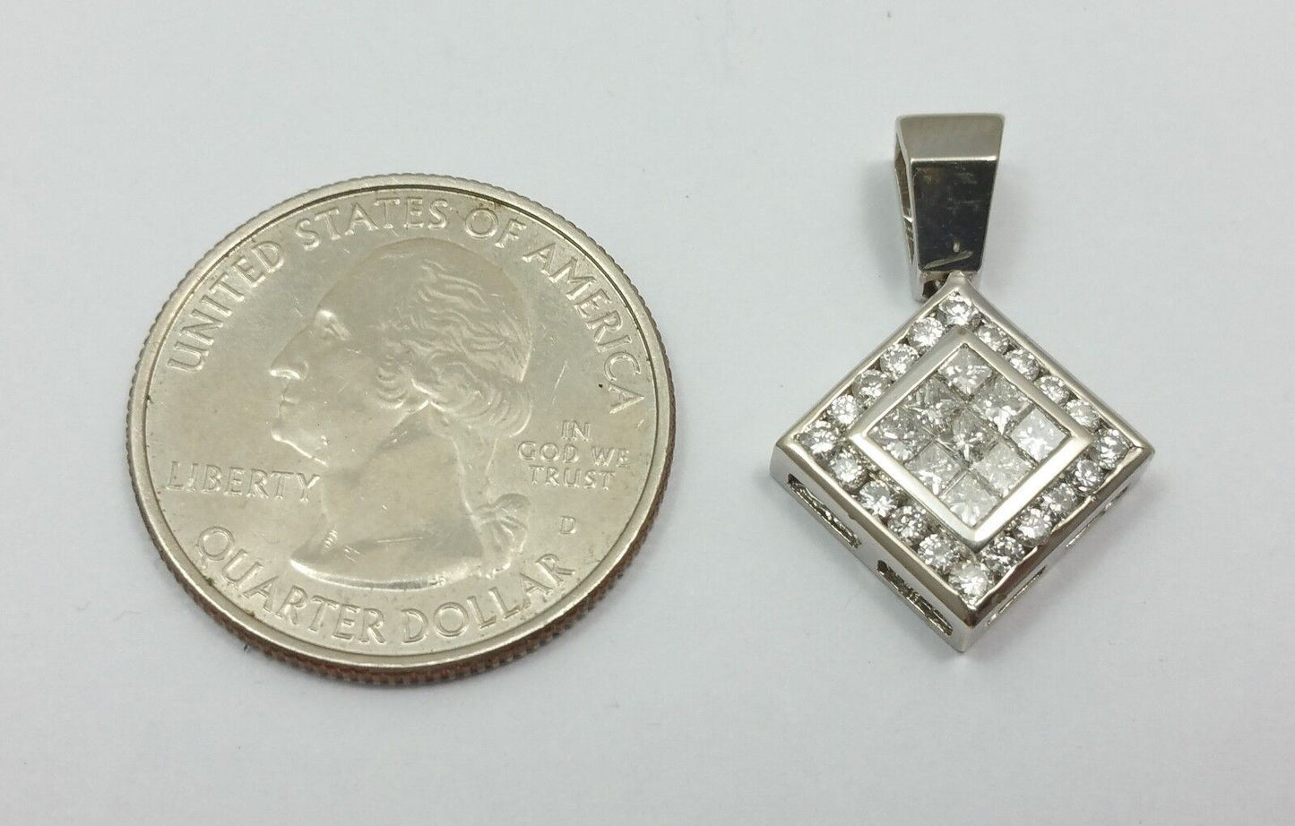 14K Solid White Gold Square Diamond Charm Pendant