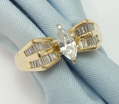 14K Solid Yellow Gold Marquise & Baguette Diamond Ring