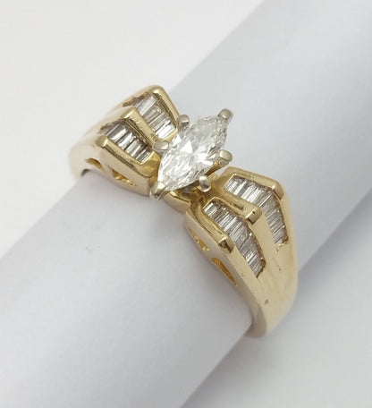 14K Solid Yellow Gold Marquise & Baguette Diamond Ring