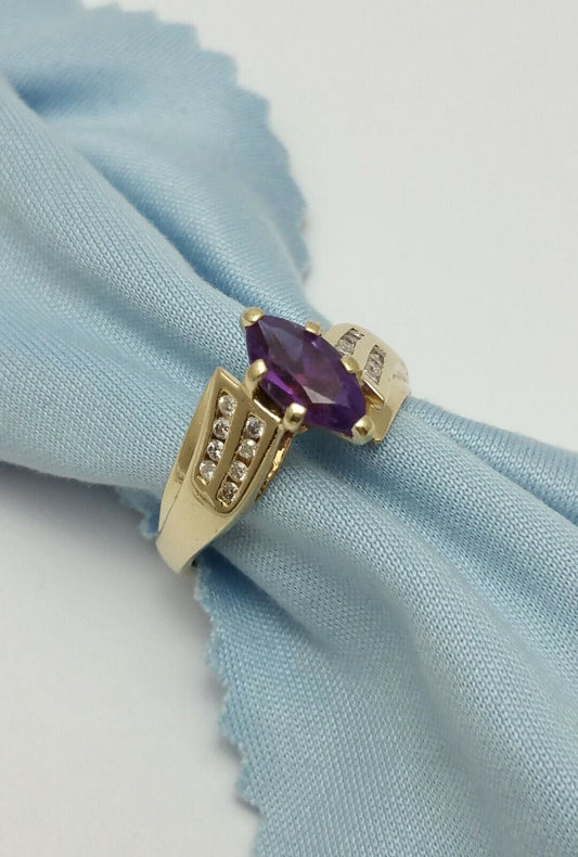 10K Solid Yellow Gold Marquise Amethyst & Diamond Ring