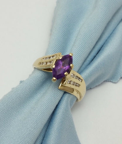 10K Solid Yellow Gold Marquise Amethyst & Diamond Ring