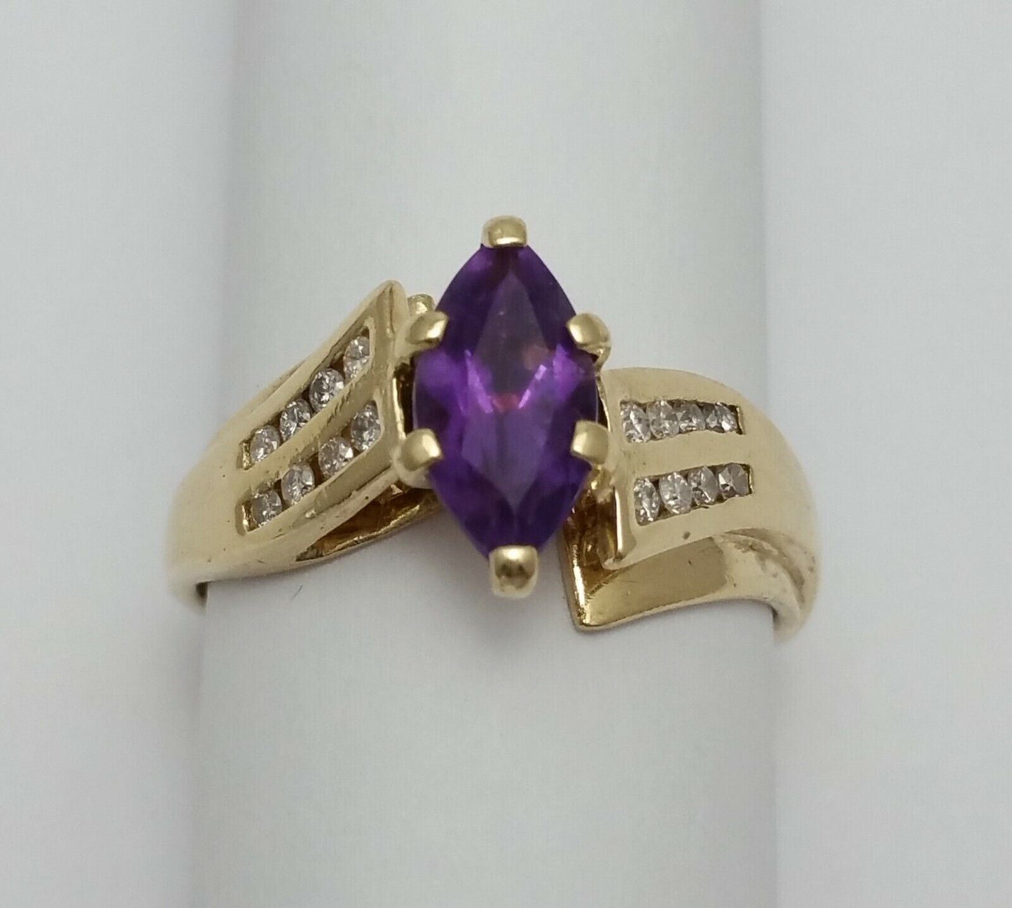 10K Solid Yellow Gold Marquise Amethyst & Diamond Ring