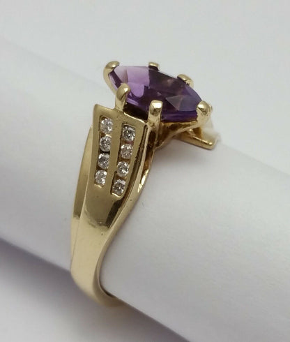 10K Solid Yellow Gold Marquise Amethyst & Diamond Ring