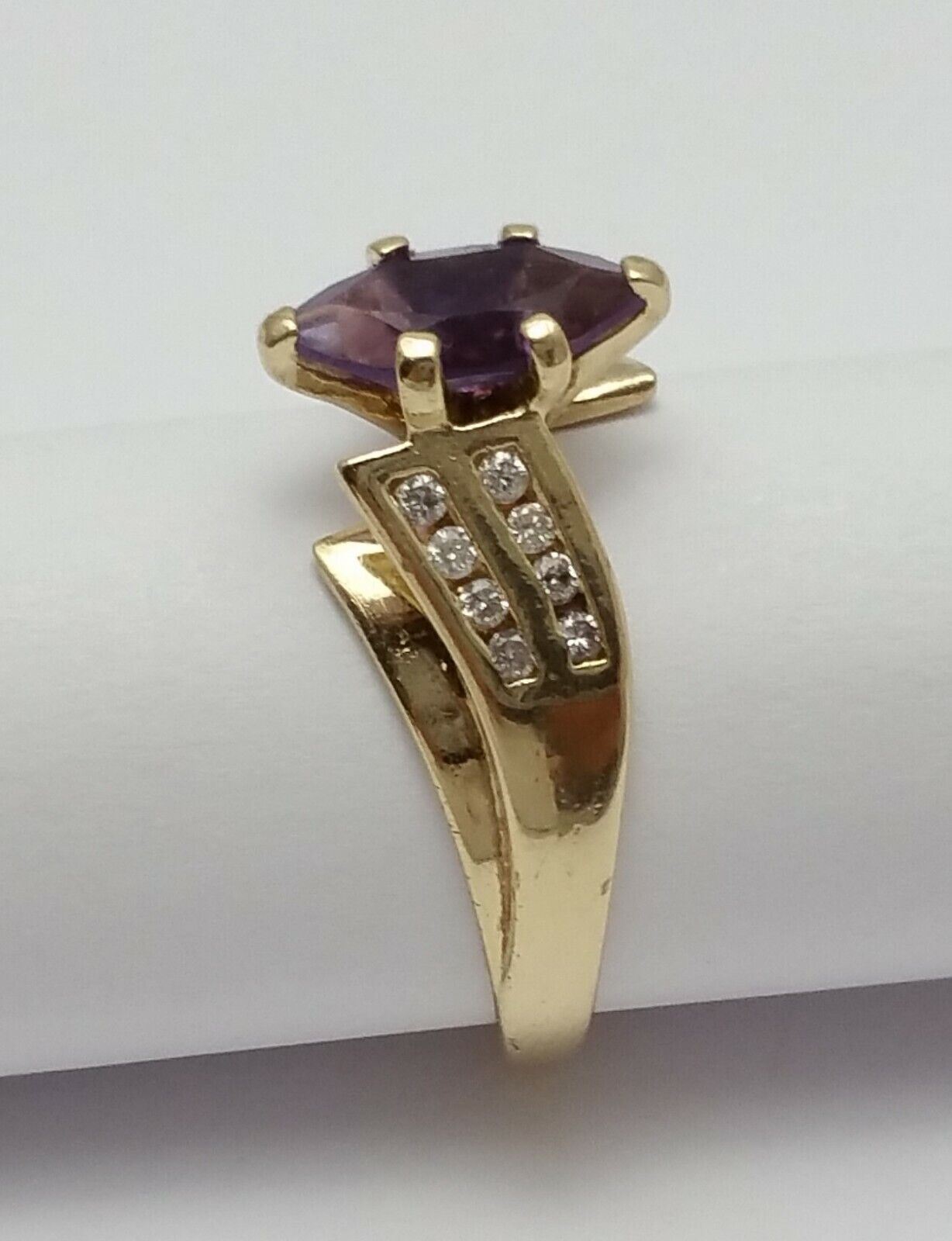 10K Solid Yellow Gold Marquise Amethyst & Diamond Ring