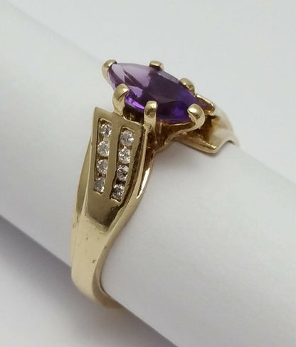 10K Solid Yellow Gold Marquise Amethyst & Diamond Ring