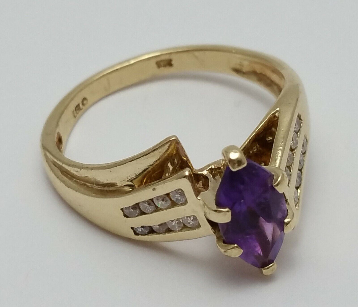 10K Solid Yellow Gold Marquise Amethyst & Diamond Ring