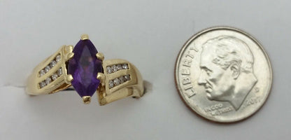 10K Solid Yellow Gold Marquise Amethyst & Diamond Ring