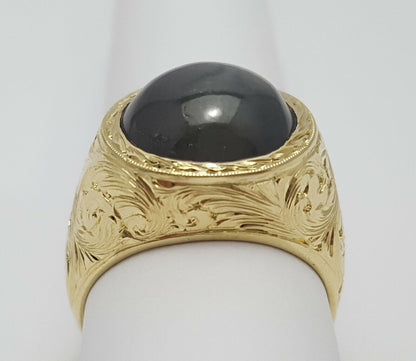 Yellow Gold 18K Karat Designer Gold Ring w/ Greenish Gray Sapphire GIA Certified