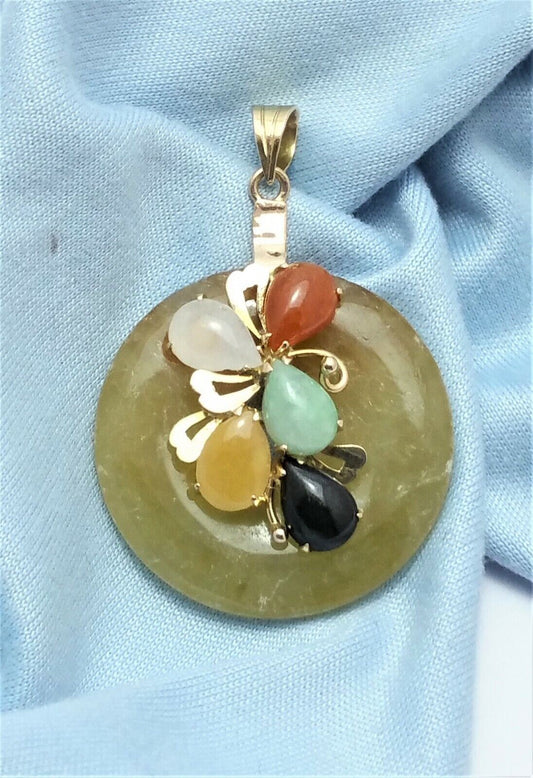 14K Solid Yellow Gold Round Multi Colored Jade Charm Pendant