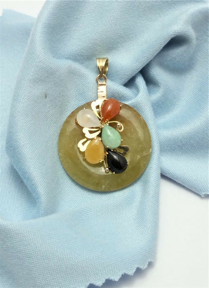 14K Solid Yellow Gold Round Multi Colored Jade Charm Pendant