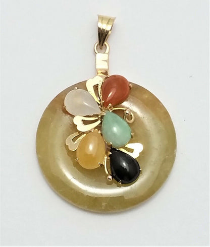 14K Solid Yellow Gold Round Multi Colored Jade Charm Pendant