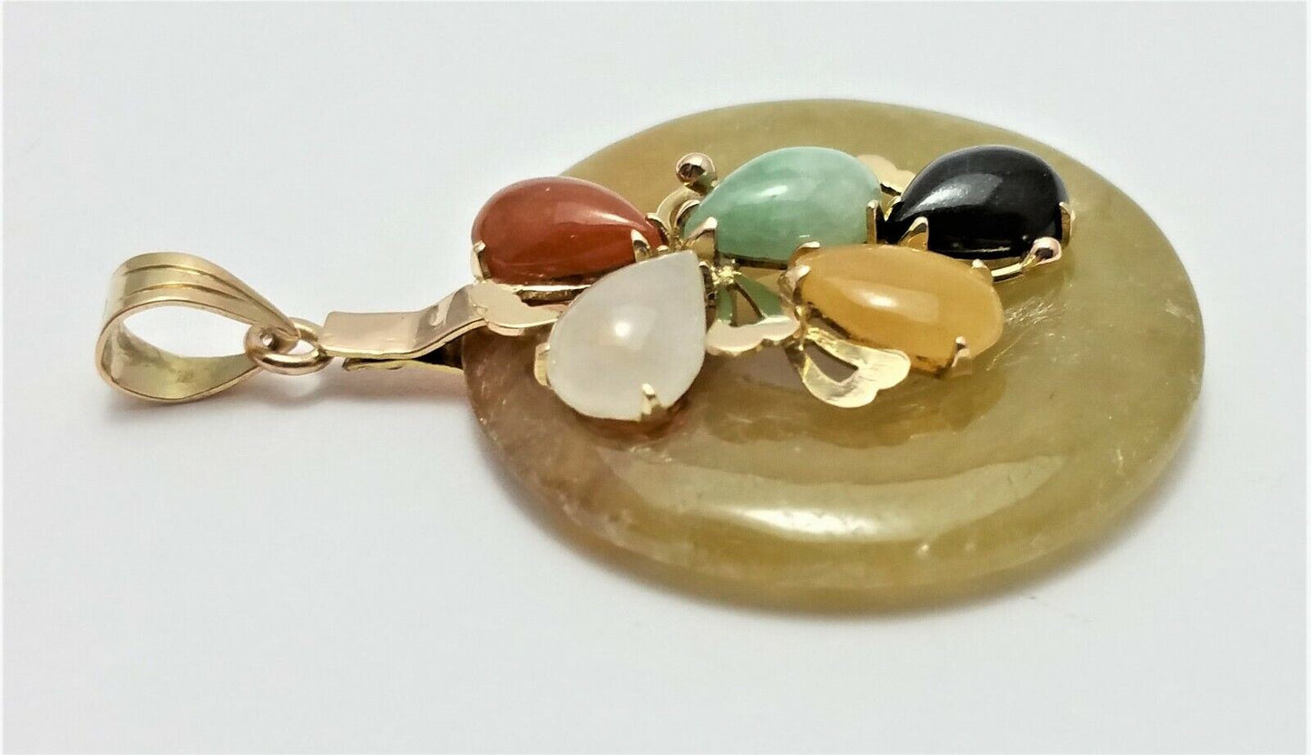 14K Solid Yellow Gold Round Multi Colored Jade Charm Pendant