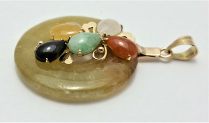 14K Solid Yellow Gold Round Multi Colored Jade Charm Pendant