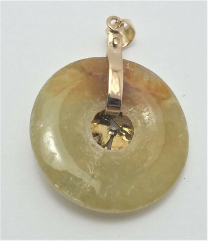 14K Solid Yellow Gold Round Multi Colored Jade Charm Pendant