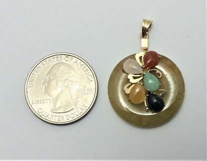 14K Solid Yellow Gold Round Multi Colored Jade Charm Pendant