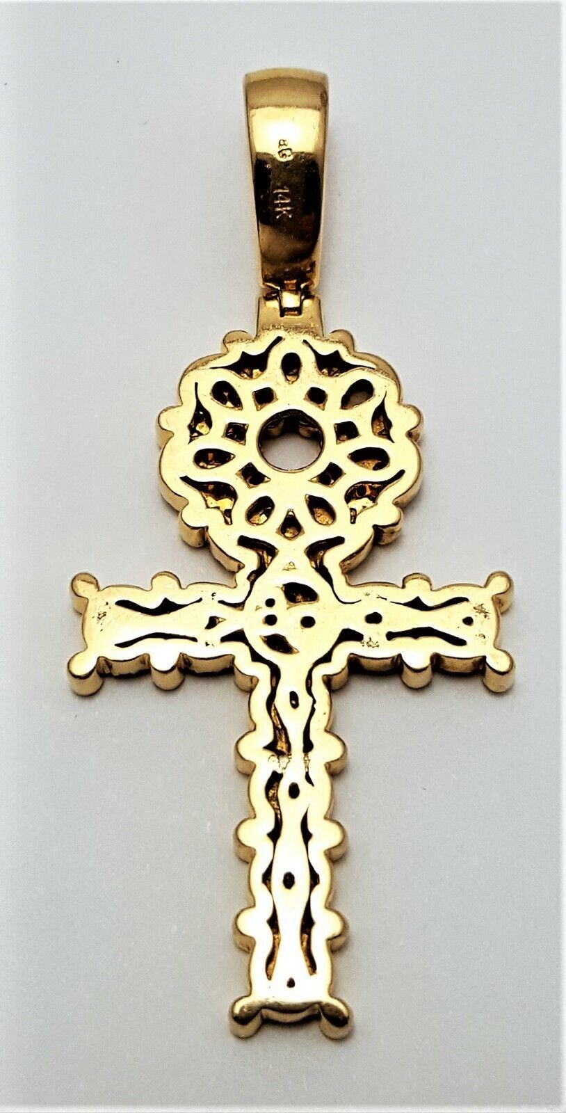 14K Solid Yellow Gold Ankh Cubic Zirconia Charm Pendant