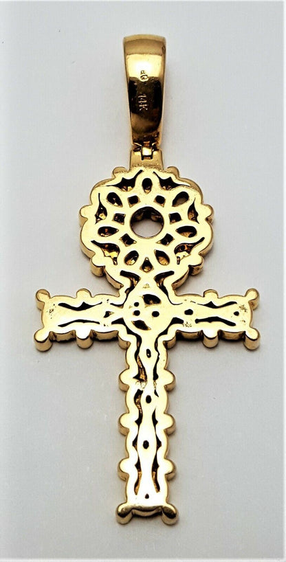 14K Solid Yellow Gold Ankh Cubic Zirconia Charm Pendant