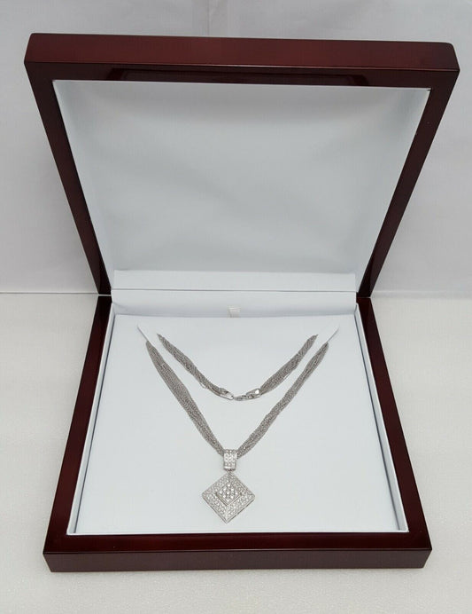 14K White Gold Designer Multi Link Chain Necklace w/Pendant Charm Diamonds