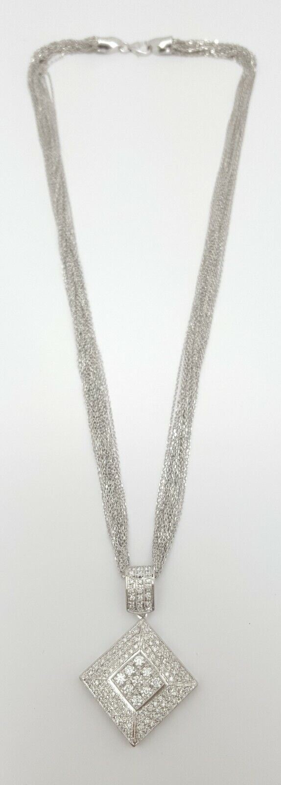 14K White Gold Multi Layer Link Chain Necklace Diamond Charm Pendant