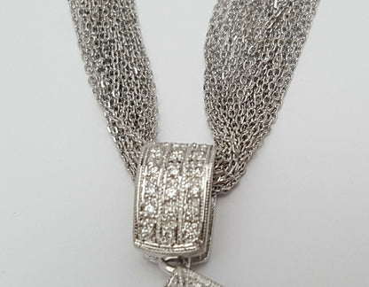 14K White Gold Multi Layer Link Chain Necklace Diamond Charm Pendant